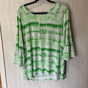 Erin London Green And White Tie‎ Dye Bell Sleeve Top Size XXL